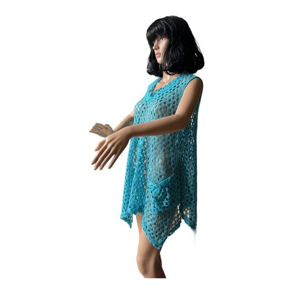Kaktus sleeveless Tunic Open Weave Crochet Lagenlook Boho in blue size large - Picture 11 of 12